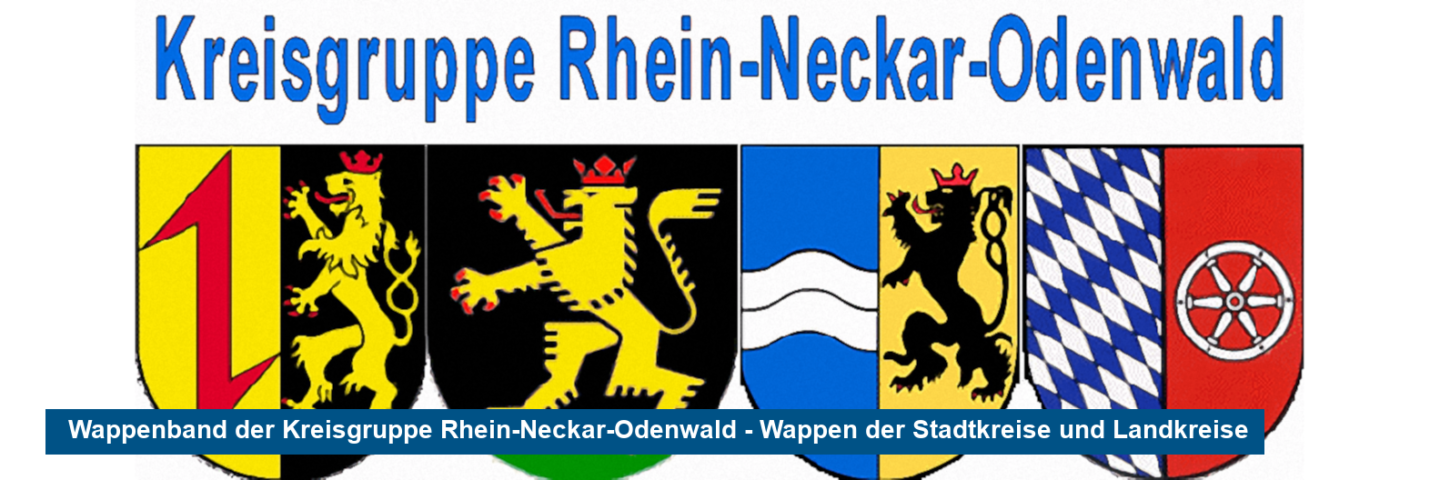 Das Bild zeigt die Wappen von Mannheim, Heidelberg, Rhein-Neckar-Kreis und Neckar-Odenwald-Kreis. Sie stehen für das Einzugsgebiet der Kreisgruppe Rhein-Neckar-Odenwald.