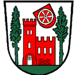 Das Bild zeigt das Wappen von Walldürn: Rote Burg auf grünem Boden, flankiert von Linden. Auf der Zinne das Mainzer Rad.